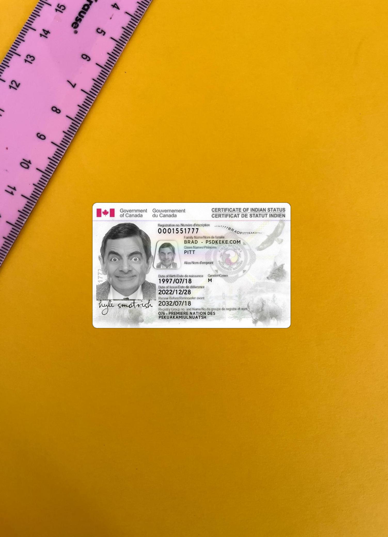 Printable Canada Indian status ID card photolook real example
